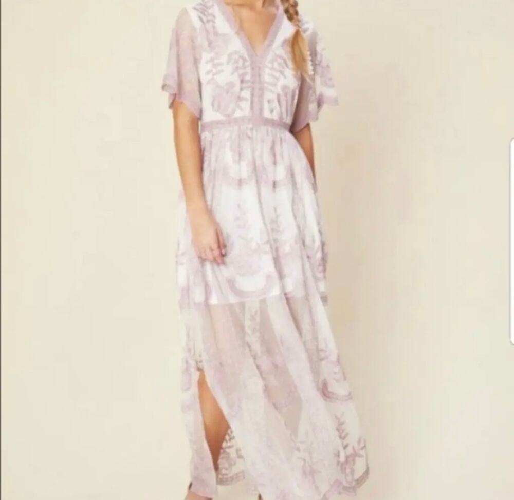 Altar’d State Lace Pink Lilac Embroidered Cottagecore Boho Sheer Maxi Dress S